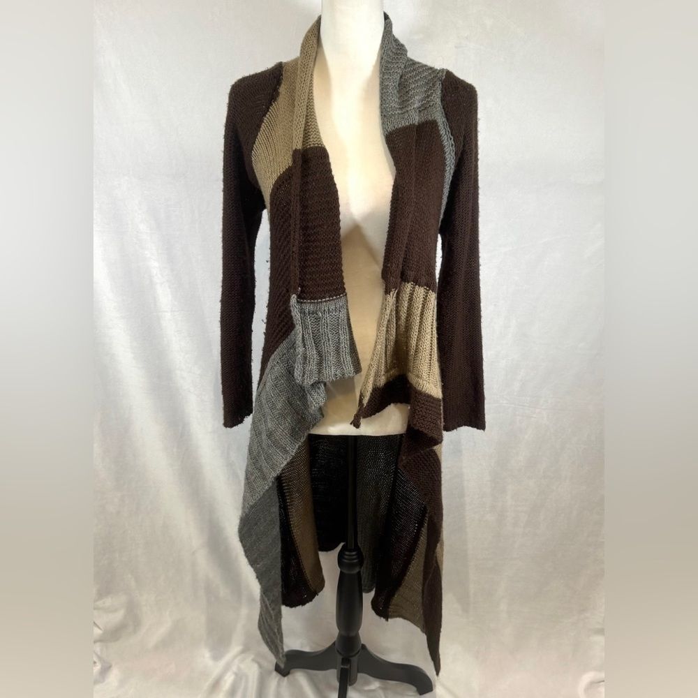 Love Stitch brown tan gray color block wool blend duster cardigan sweater small